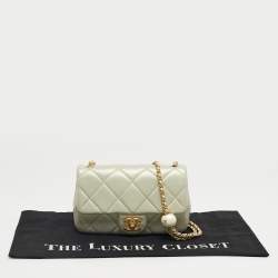 Pre Owned Chanel Green Iridescent Quilted Leather Mini Double Pearl Flap Bag
