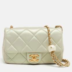Pre Owned Chanel Green Iridescent Quilted Leather Mini Double Pearl Flap Bag