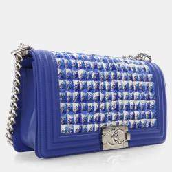 Pre Owned Chanel Medium Blue Tweed Boy Bag