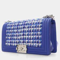 Pre Owned Chanel Medium Blue Tweed Boy Bag