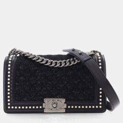 Pre Owned Chanel Medium Tweed Pearl Embellished Boy Bag