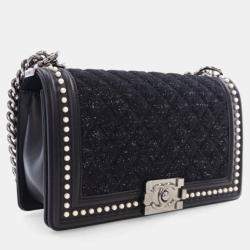 Pre Owned Chanel Medium Tweed Pearl Embellished Boy Bag