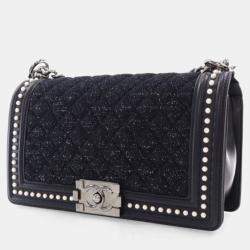Pre Owned Chanel Medium Tweed Pearl Embellished Boy Bag