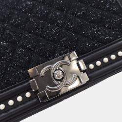 Pre Owned Chanel Medium Tweed Pearl Embellished Boy Bag