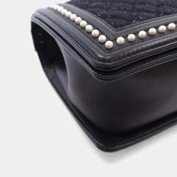 Pre Owned Chanel Medium Tweed Pearl Embellished Boy Bag