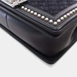 Pre Owned Chanel Medium Tweed Pearl Embellished Boy Bag
