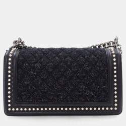 Pre Owned Chanel Medium Tweed Pearl Embellished Boy Bag