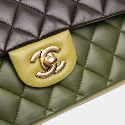 Pre Owned Chanel Green Medium Classic Tricolor Lambskin Double Flap