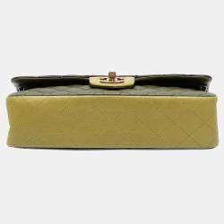 Pre Owned Chanel Green Medium Classic Tricolor Lambskin Double Flap