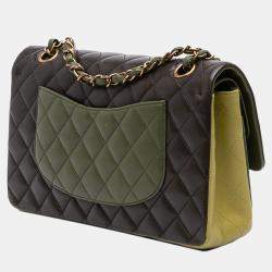 Pre Owned Chanel Green Medium Classic Tricolor Lambskin Double Flap