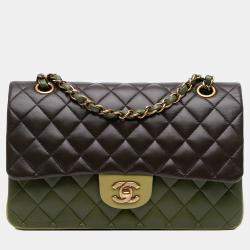 Pre Owned Chanel Green Medium Classic Tricolor Lambskin Double Flap