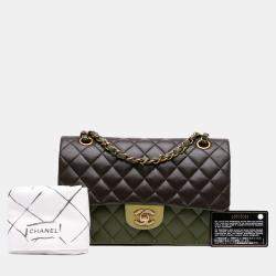Pre Owned Chanel Green Medium Classic Tricolor Lambskin Double Flap