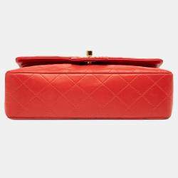 Pre Owned Chanel Red Small Classic Lambskin Double Flap
