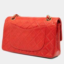 Pre Owned Chanel Red Small Classic Lambskin Double Flap