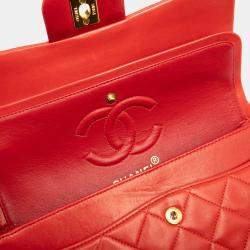 Pre Owned Chanel Red Small Classic Lambskin Double Flap