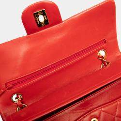 Pre Owned Chanel Red Small Classic Lambskin Double Flap