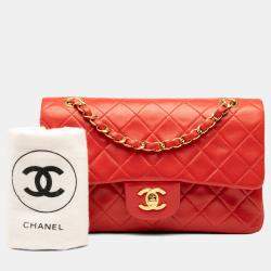 Pre Owned Chanel Red Small Classic Lambskin Double Flap