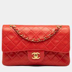 Pre Owned Chanel Red Small Classic Lambskin Double Flap