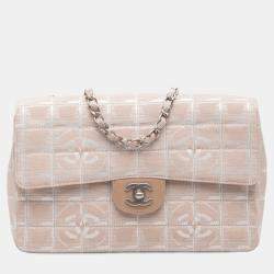 Pre Owned Chanel Beige Medium New Travel Line Nylon Single Flap