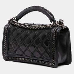 Pre Owned Chanel Black Medium Quilted Calfskin Whipstitch Chain Around Boy Top Handle Flap