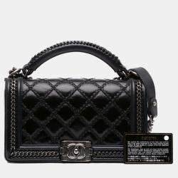 Pre Owned Chanel Black Medium Quilted Calfskin Whipstitch Chain Around Boy Top Handle Flap