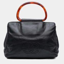 Pre Owned Chanel Black CC Lambskin Tortoise Top Handle Tote