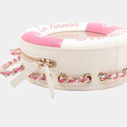 Pre Owned Chanel Pink/White Lambskin La Pausa Coco Lifesaver Round Bag