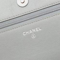 Pre Owned Chanel Grey Diagonal Chevron Calfskin Tassel Wallet On Chain