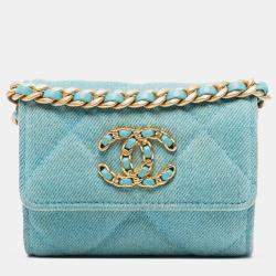 Pre Owned Chanel Blue Quilted Denim 19 Card Holder with Chain