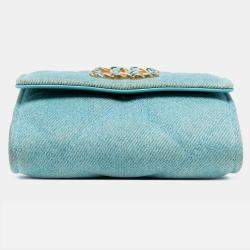 Pre Owned Chanel Blue Quilted Denim 19 Card Holder with Chain