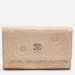 Pre Owned Chanel Pink Camellia Embossed Leather Continental Wallet