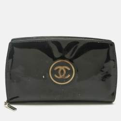 Pre Owned Chanel Black Patent Leather CC Zip Around Wallet
