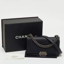 Pre Owned Chanel Black Chevron Leather Medium Boy Flap Bag