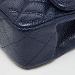 Pre Owned Chanel Navy Blue Quilted Caviar Leather Extra Mini Classic Single Flap Bag