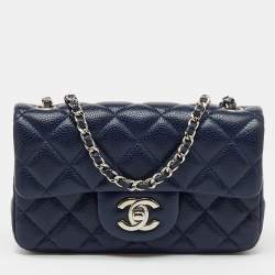 Pre Owned Chanel Navy Blue Quilted Caviar Leather Extra Mini Classic Single Flap Bag