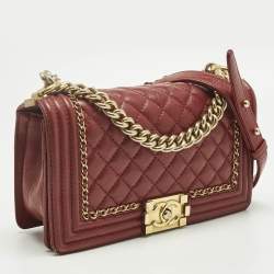 Pre Owned Chanel Red Quilted Leather Medium Chain Around Boy Flap Bag