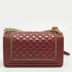 Pre Owned Chanel Red Quilted Leather Medium Chain Around Boy Flap Bag