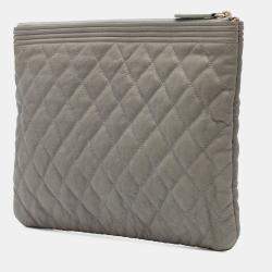 Pre Owned Chanel Grey Medium Quilted Caviar Boy O Case Clutch