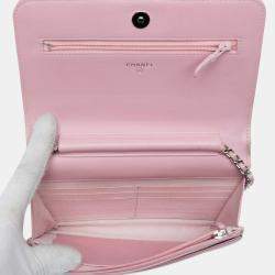 Pre Owned Chanel Pink Calfskin Crystal Studded Boy Wallet on Chain