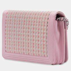 Pre Owned Chanel Pink Calfskin Crystal Studded Boy Wallet on Chain