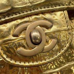 Pre Owned Chanel Double Flap Chain Shoulder Bag Gold Embossed Leather Size 25
