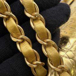 Pre Owned Chanel Double Flap Chain Shoulder Bag Gold Embossed Leather Size 25