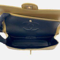 Pre Owned Chanel Double Flap Chain Shoulder Bag Gold Embossed Leather Size 25