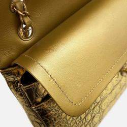 Pre Owned Chanel Double Flap Chain Shoulder Bag Gold Embossed Leather Size 25