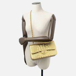 Pre Owned Chanel Double Flap Chain Shoulder Bag Gold Embossed Leather Size 25