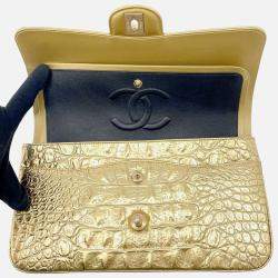 Pre Owned Chanel Double Flap Chain Shoulder Bag Gold Embossed Leather Size 25