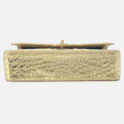 Pre Owned Chanel Double Flap Chain Shoulder Bag Gold Embossed Leather Size 25