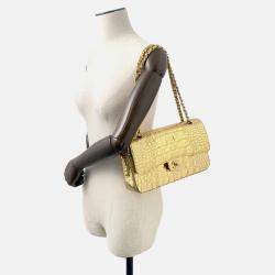 Pre Owned Chanel Double Flap Chain Shoulder Bag Gold Embossed Leather Size 25