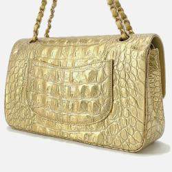 Pre Owned Chanel Double Flap Chain Shoulder Bag Gold Embossed Leather Size 25