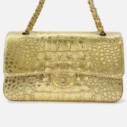 Pre Owned Chanel Double Flap Chain Shoulder Bag Gold Embossed Leather Size 25